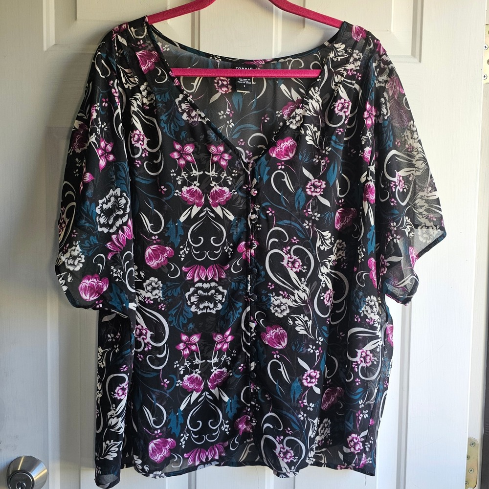Torrid Womens Plus Size 2 (18 20) Black Floral Chiffon Kimono Sleeve Blouse